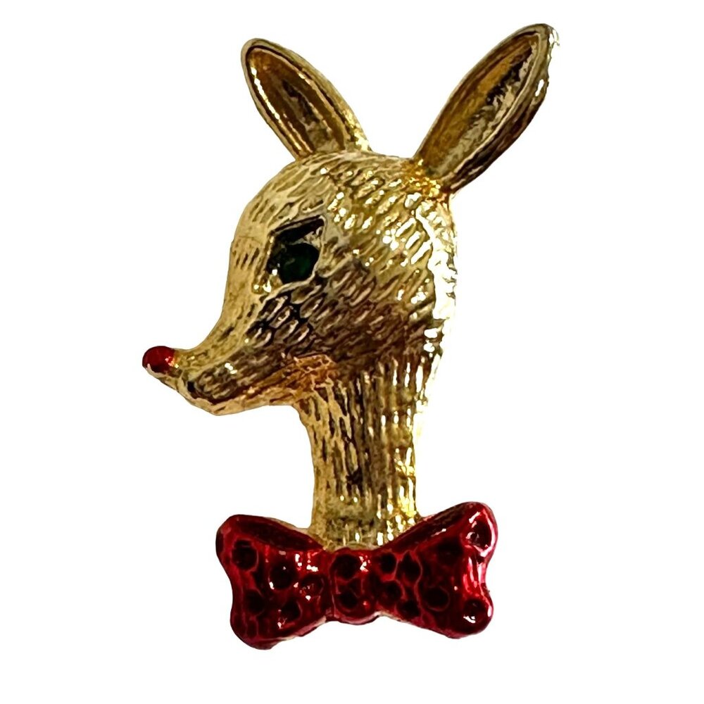 Vintage Reindeer Christmas Brooch Gold Tone Red Enamel Bow